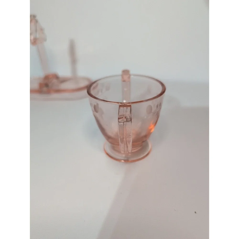 Pink Depression Etched Glass 3-Piece Set: Sugar, Creamer, &  tray coffee tea